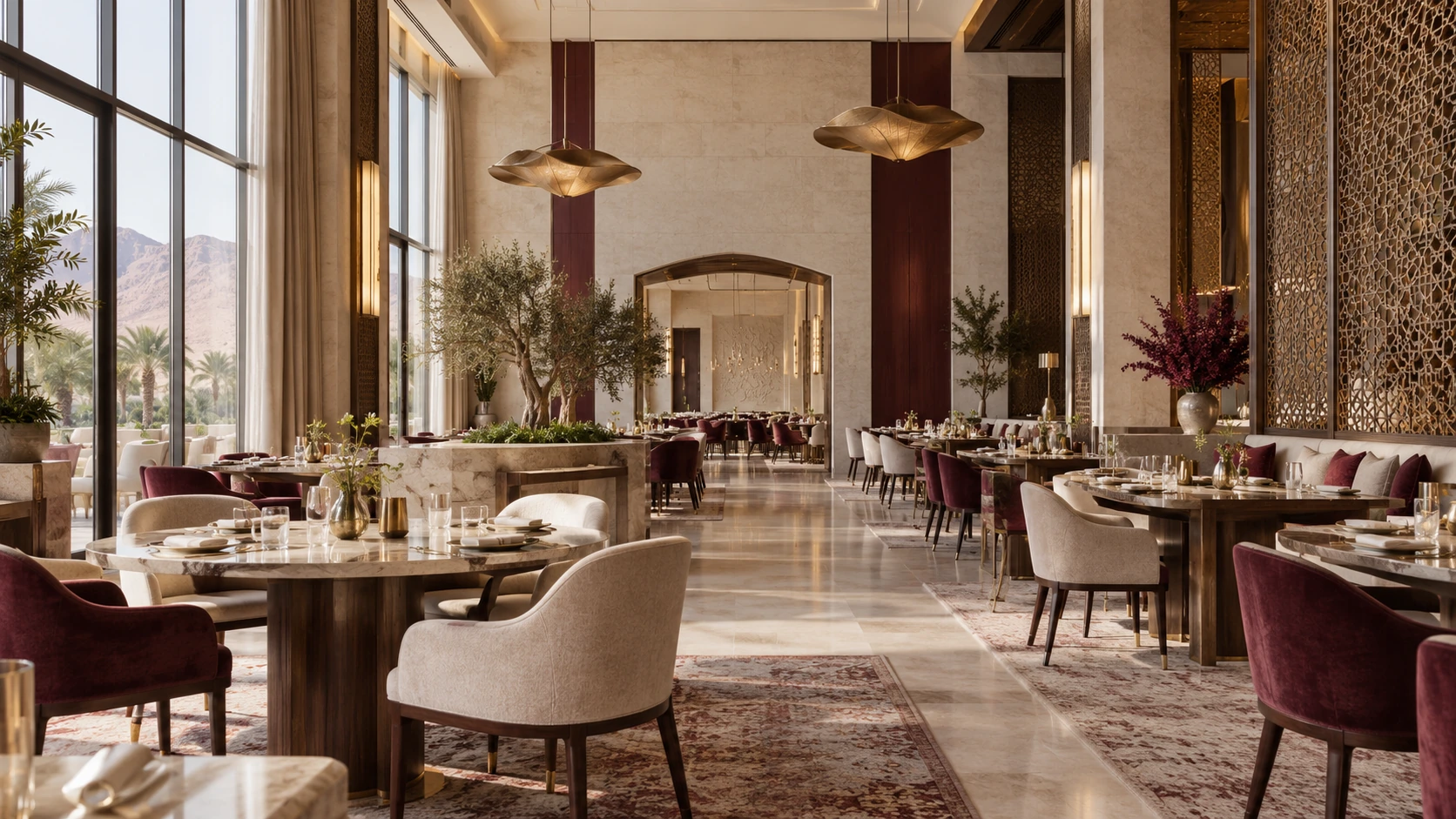 Concept of a refined hotel restaurant with upholstered dining chairs and coordinated tables