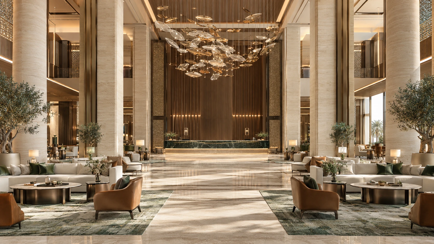 Concept of a refined double-height hotel lobby with stone columns and coordinated lounge furniture
