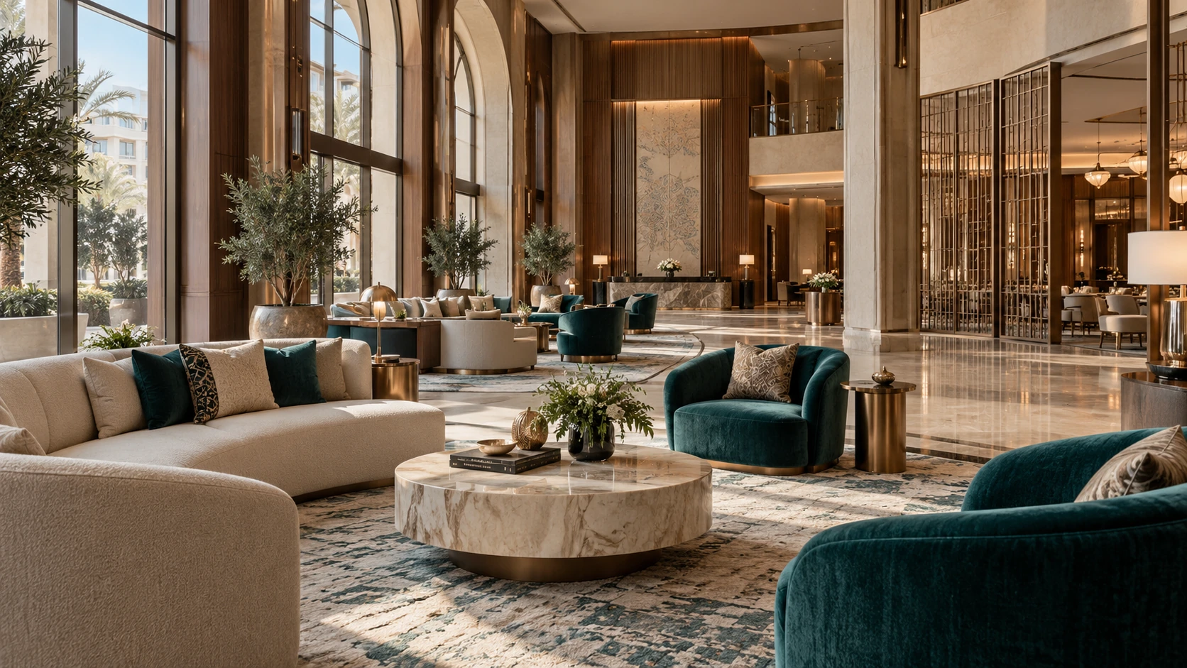Concept of an elegant hotel lounge with sculptural sofas and upholstered accent chairs