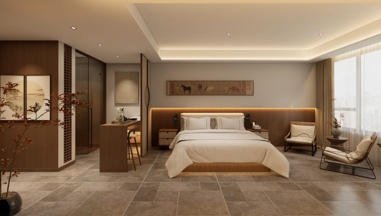 Warm hotel room furniture concept